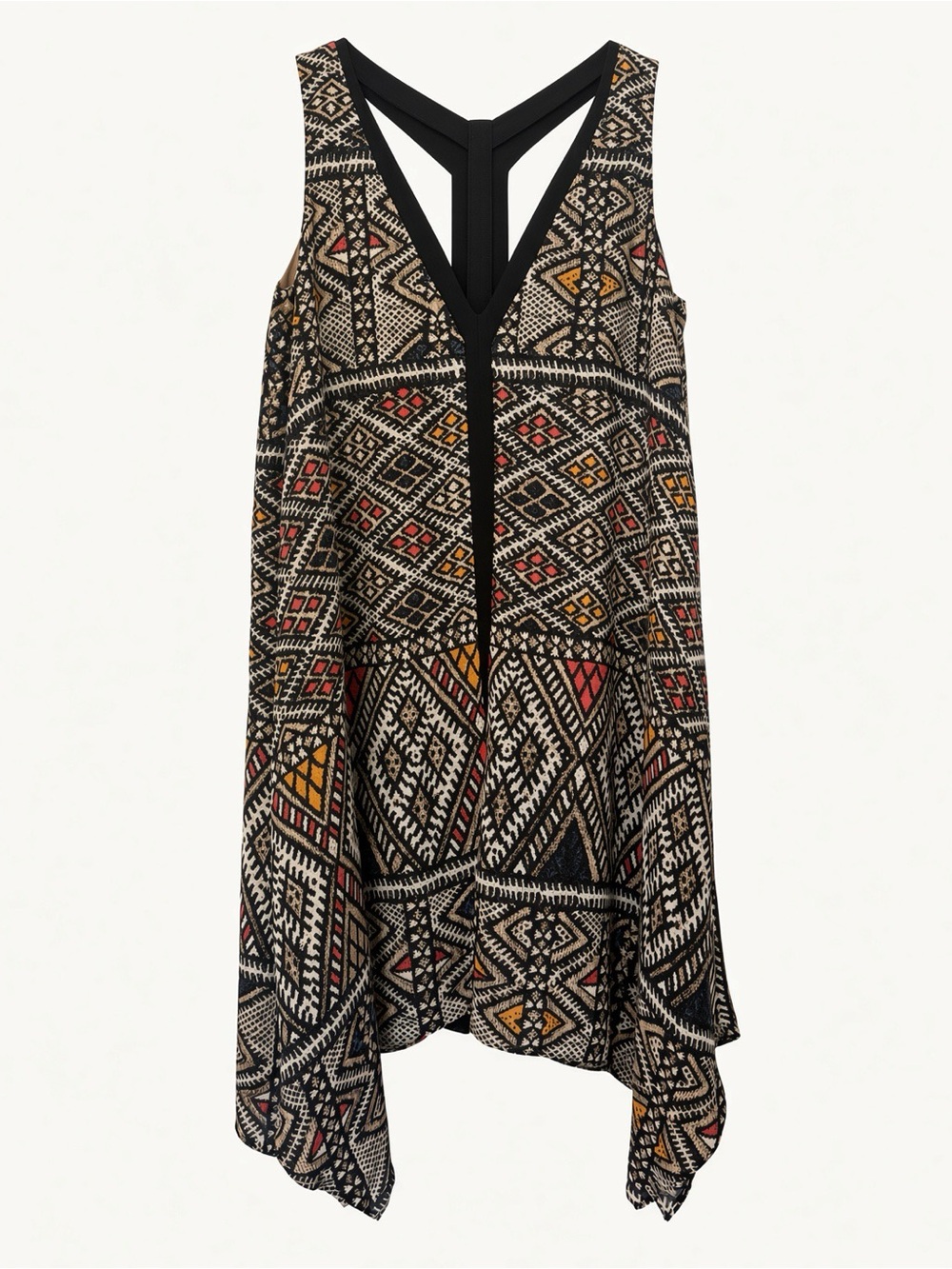 BCBGMaxAzria Asymmetrical Tribal Print Dress - Black, Cream, Mustard & Red